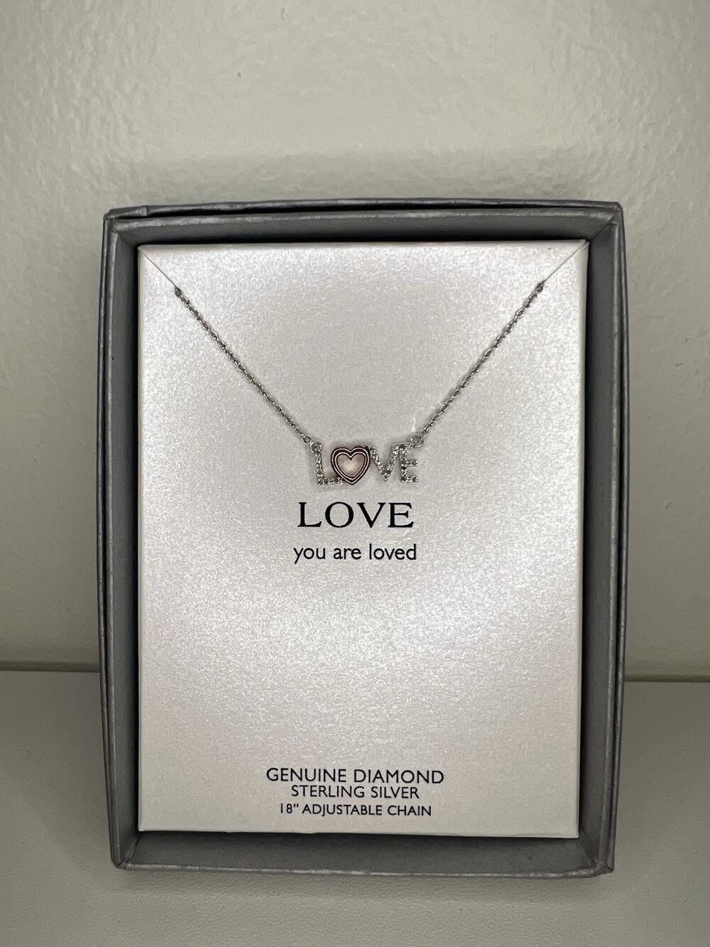 New Dainty Love & Heart Genuine Diamond Sterling Silver Chain Necklace 18in